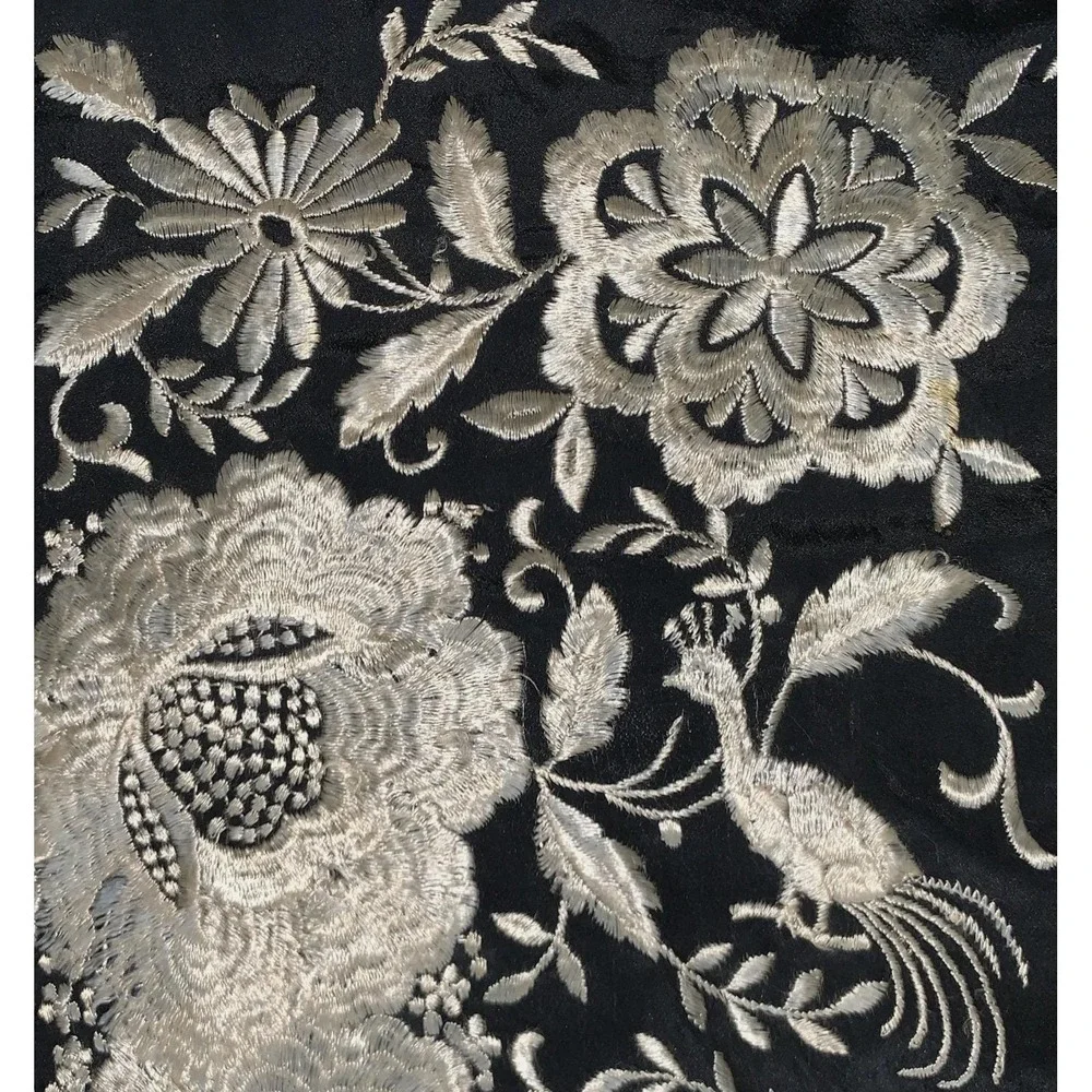 Antique Black Ivory Silk Floral w Peacocks Embroidered Manila Fashion Shawl READ